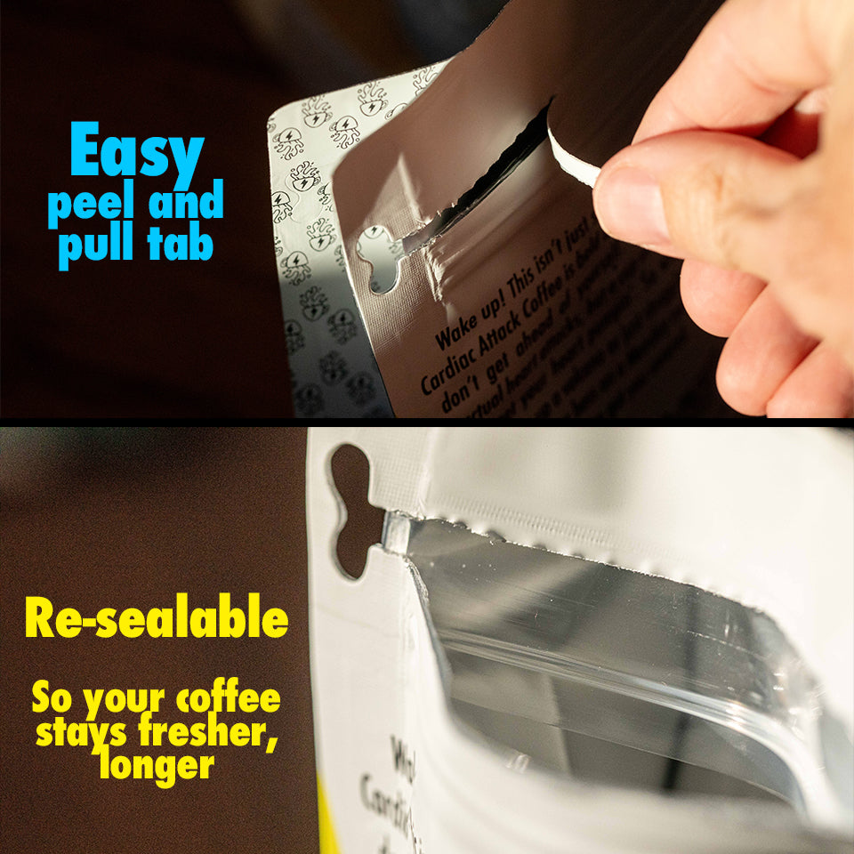 Cardiac Attack Coffee Co.'s coffee bag design keeps coffee fresh for longer.