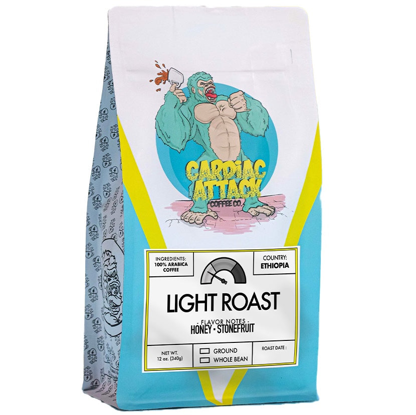 Single-origin light roast coffee by Cardiac Attack Coffee Co. – with notes of honey and stone fruit.